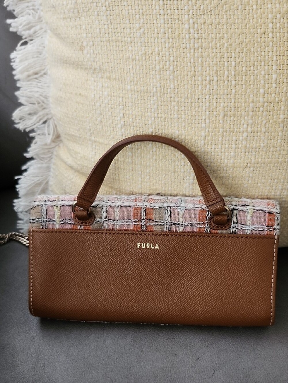 Furla Tweed Crossbody Bag in Pink, White & Brown with Chain Strap - Picture 3 of 11